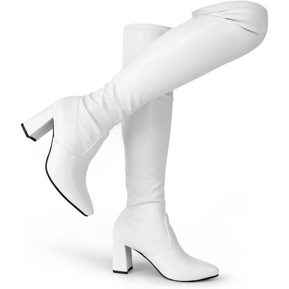 Hawkwell Women's White pu Low Flat Heel Thigh High Over The Knee Fashion Boots - Picture 1 of 5